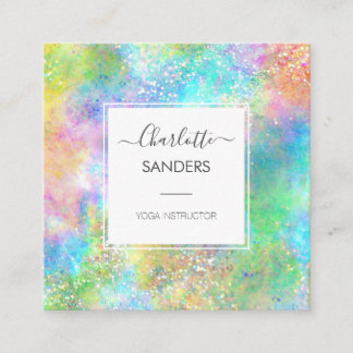 Holographic opal gemstone gold glitter square business card