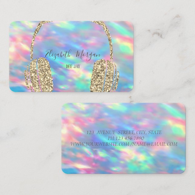 Holographic Opal Glitter Headphone DJ  Business Card (Front/Back)