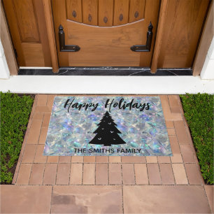 Holographic Opal Stone Background Happy Holidays Doormat
