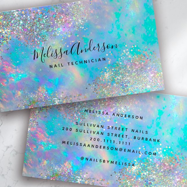 Holographic Opal Stone Glitter Nail Tech Business Card (Creator Uploaded)