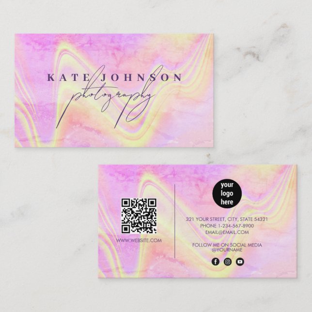 Holographic Opal Stone Marble Script QR Code Business Card (Front/Back)