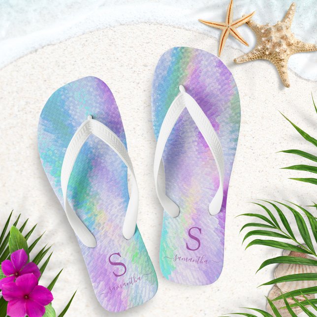 Holographic Pastel Colourful Iridescent Monogramme Thongs (Creator Uploaded)