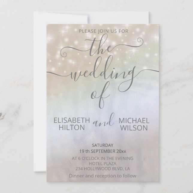 Holographic pearl sparkle romantic  calligraphy invitation (Front)