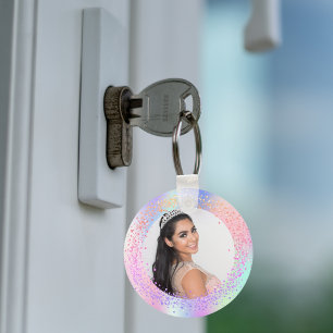 Holographic photo pink purple girl key ring