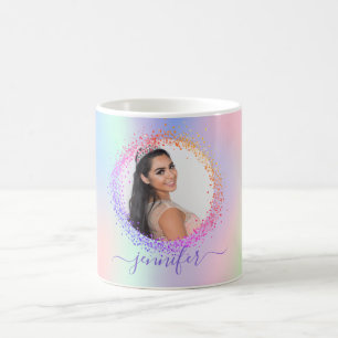 Holographic photo pink purple name script coffee mug
