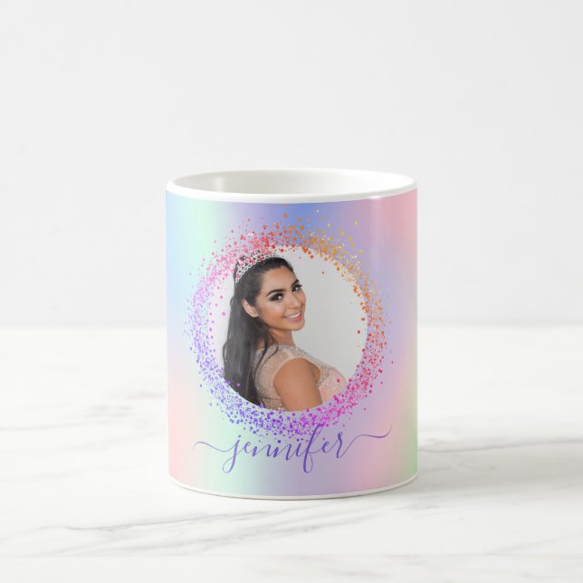 Holographic photo pink purple name script coffee mug (Center)