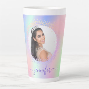 Holographic photo pink purple name script latte mug