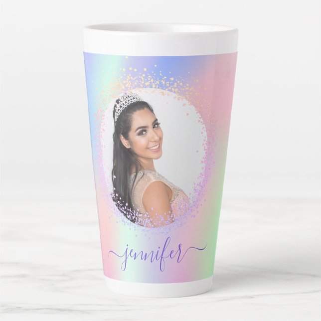 Holographic photo pink purple name script latte mug (Front)