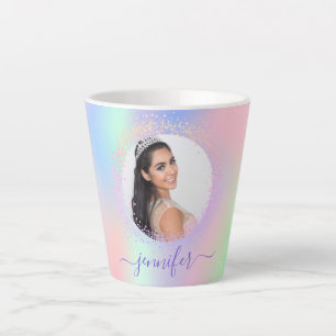 Holographic photo pink purple name script latte mug