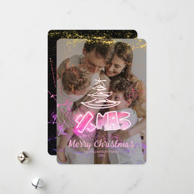 Holographic pink and golden Chic Xmas Glow Photo Holiday Card (Front/Back In Situ)