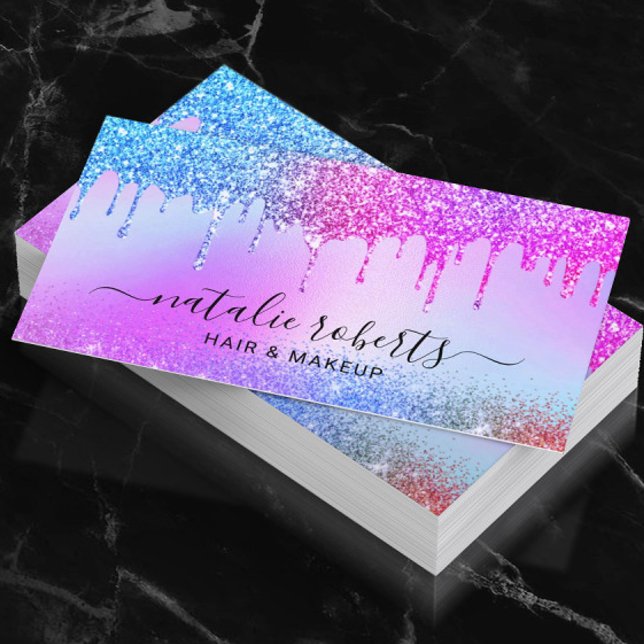 Holographic Pink Blue Glitter Drips Salon & Spa Business Card (Creator Uploaded)