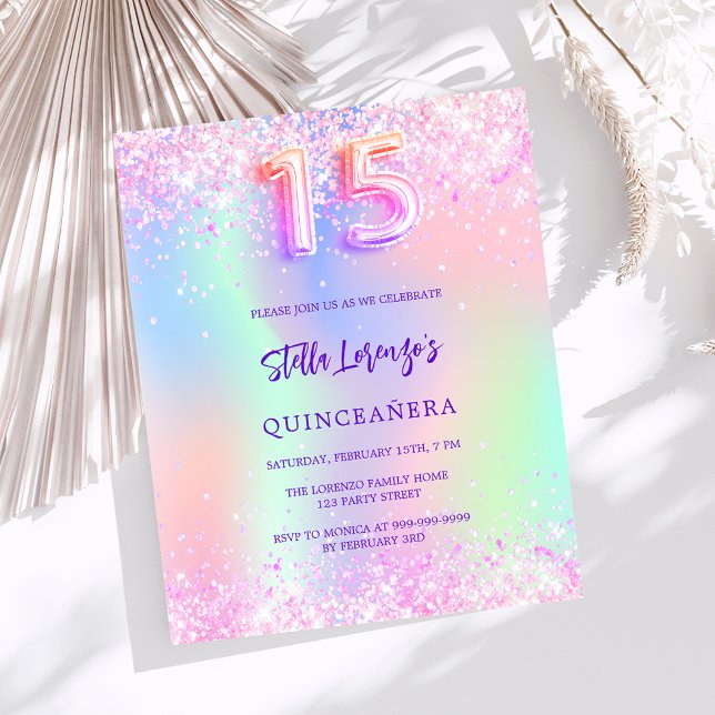 Holographic pink budget Quinceanera invitation (Creator Uploaded)