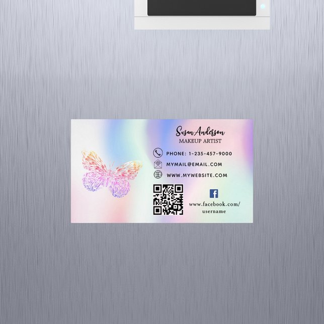 Holographic pink butterfly QR code Facebook Magnetic Business Card (Creator Uploaded)