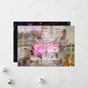 Holographic pink Chic Xmas Glow 5 Photos Holiday Card