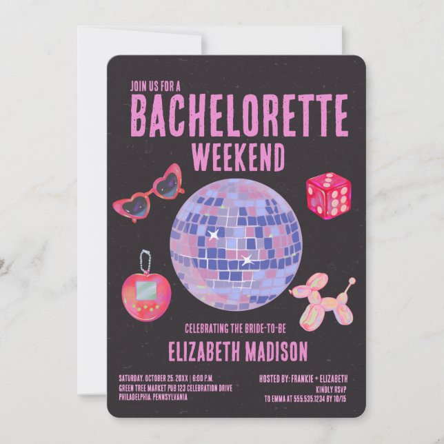 Holographic Pink Disco Bachelorette Weekend Invitation (Front)
