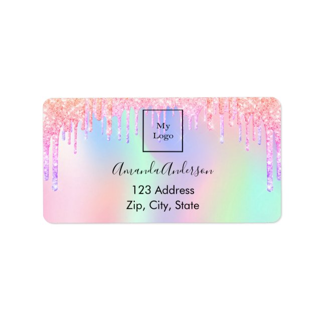 Holographic pink drips business return address label (Front)