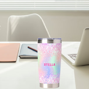 Holographic pink glitter custom name insulated tumbler