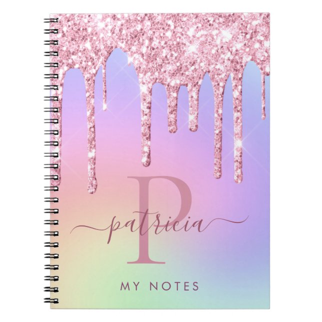 Holographic Pink Glitter Drips Elegant Monogram Notebook (Front)