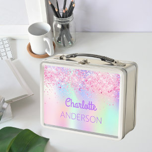 Holographic pink glitter name girl metal lunch box