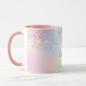 Holographic pink glitter purple green rainbow name mug (Left)