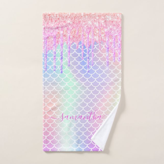 Holographic pink mermaid scales name hand towel (Hand Towel)