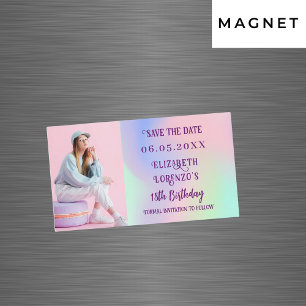 Holographic pink photo birthday Save the Date