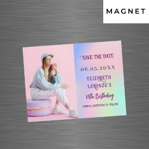 Holographic pink photo birthday Save the Date
