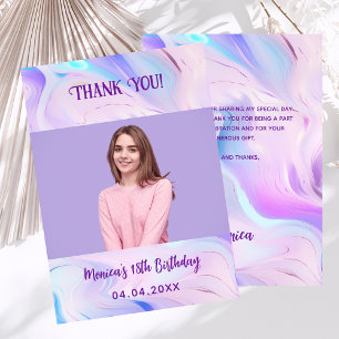 Holographic pink photo birthday thank you card