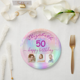 Holographic pink photo collage birthday paper plate