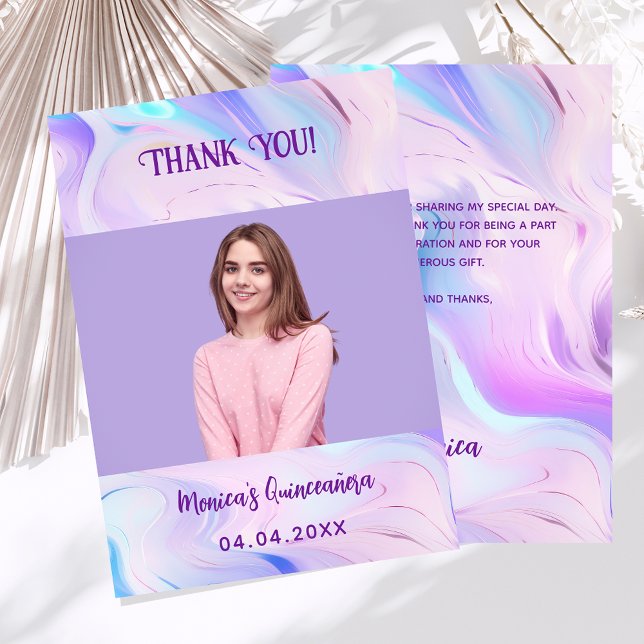 Holographic pink  photo Quinceanera thank you card (Creator Uploaded)