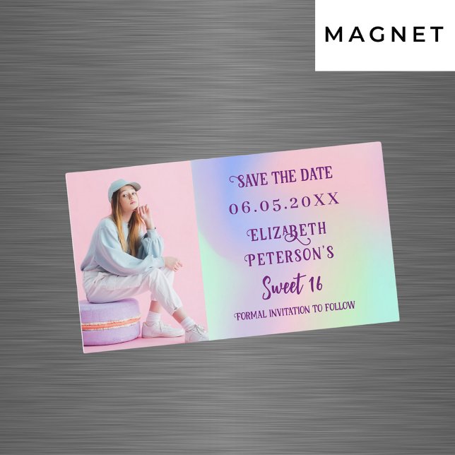 Holographic pink photo Sweet 16 Save the Date (Creator Uploaded)