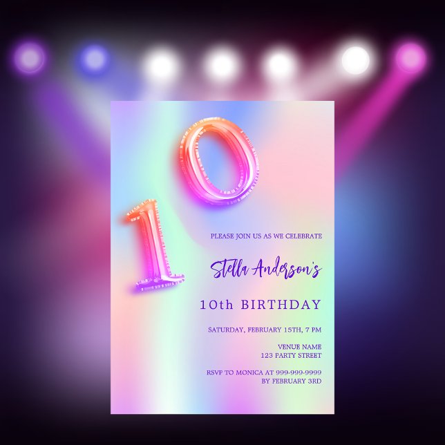 Holographic pink purple 10th birthday invitation (Creator Uploaded)