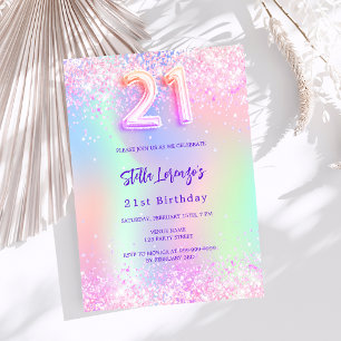 Holographic pink purple 21st birthday invitation