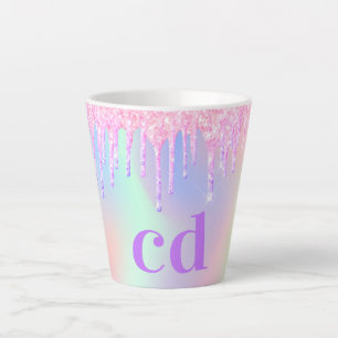 Holographic pink purple drips monogram latte mug