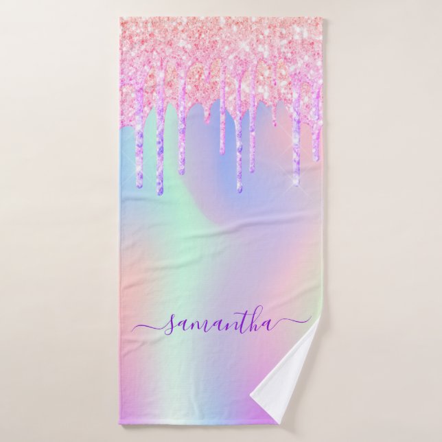 Holographic pink purple drips name bath towel (Bath Towel)