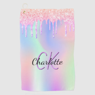 Holographic pink purple glitter custom monogram golf towel