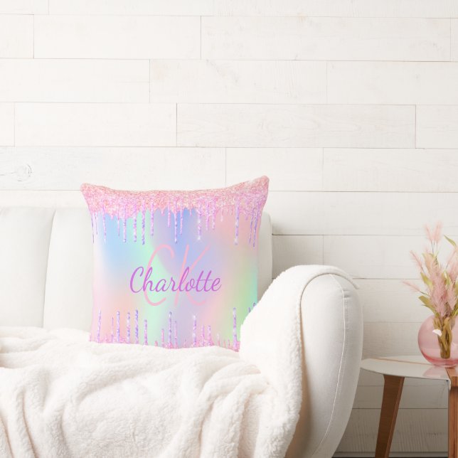 Holographic pink purple glitter drips monogram cushion (Couch)