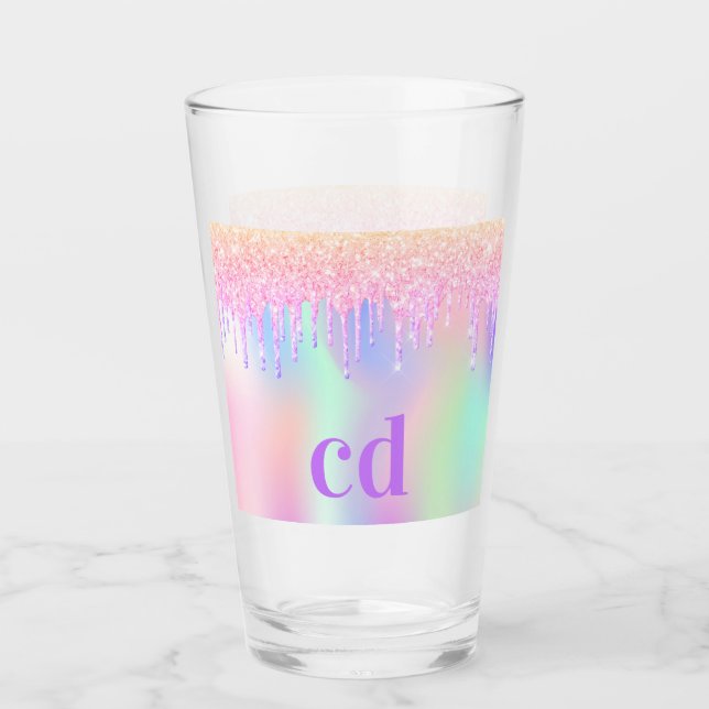 Holographic pink purple glitter drips monogram glass (Front)