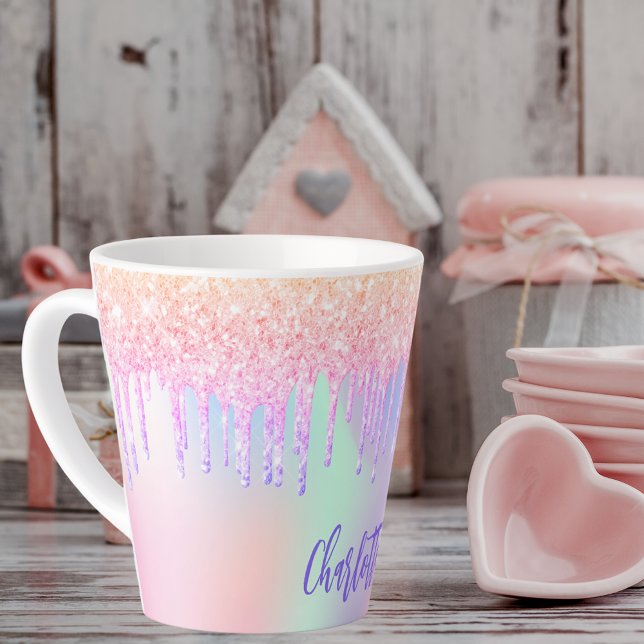 Holographic pink purple glitter drips name latte mug (Creator Uploaded)