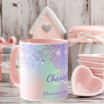 Holographic pink purple glitter mint monogram mug<br><div class="desc">A trendy holographic background with unicorn and rainbow pastel colours in pink,  purple,  rose gold,  mint green. Decorated with purple faux glitter dust. Personalise and add your first name,  monogram initials and full name. The first name is written with a modern hand lettered style script.  Purple coloured letters.</div>