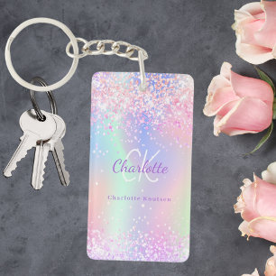 Holographic pink purple glitter monogram name key ring