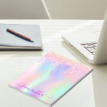 Holographic pink purple glitter name notepad<br><div class="desc">Pink, purple, mint green holographic background. Decorated with pink faux glitter drps. Personalise and add your name. The name is written with a modern hand lettered style script with swashes. To keep the swashes only delete the sample name, leave the spaces or emoji's in front and after the name. The...</div>