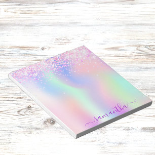 Holographic pink purple glitter name notepad