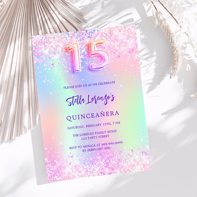 Holographic pink purple glitter Quinceanera Invitation (Creator Uploaded)