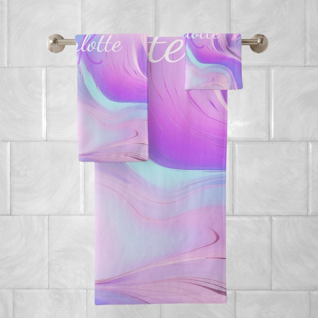Holographic pink purple monogram initials name bath towel set (Creator Uploaded)