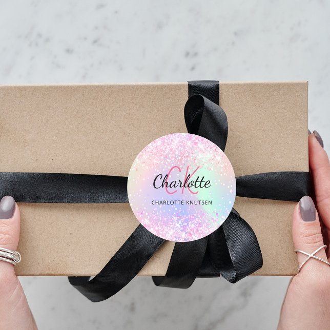 Holographic pink purple monogram name classic round sticker (Creator Uploaded)