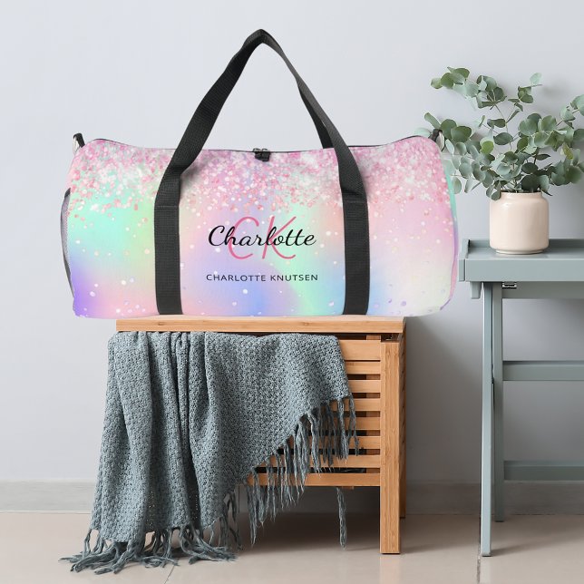 Holographic pink purple monogram name duffle bag (Creator Uploaded)