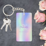 Holographic pink purple monogram name key ring<br><div class="desc">A trendy holographic background with pastel colours in pink,  purple,  mint green. Personalise and add your first name,  monogram initials and full name. Purple and white coloured letters.</div>