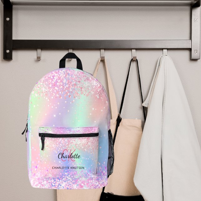 Holographic pink purple monogram name printed backpack (Creator Uploaded)