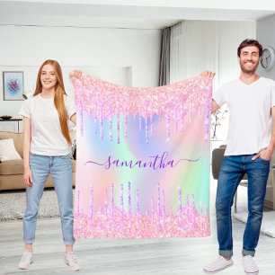 Holographic pink purple monogram script drips fleece blanket
